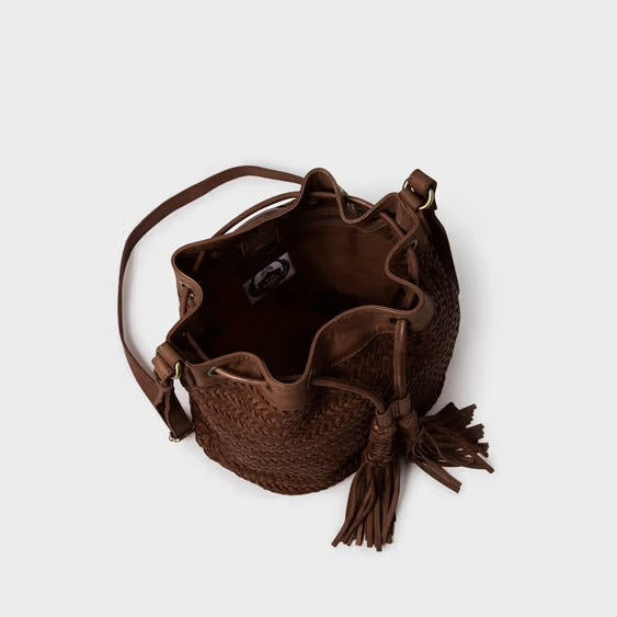 The Joss Woven Leather Bucket Bag in Chestnut