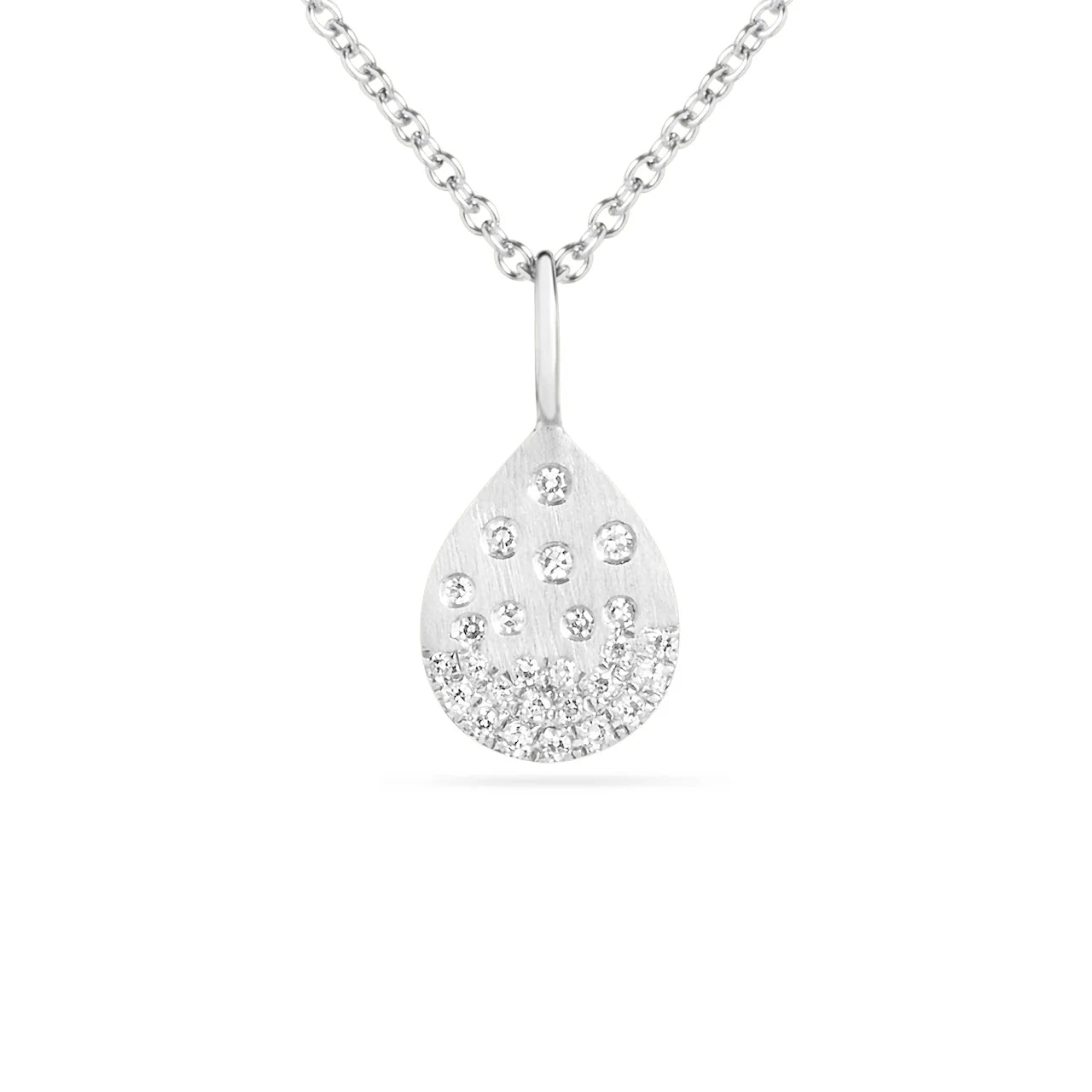 Diamond Flush Set Pear Pendant, 18"/16" 14KW; D = 0.08
