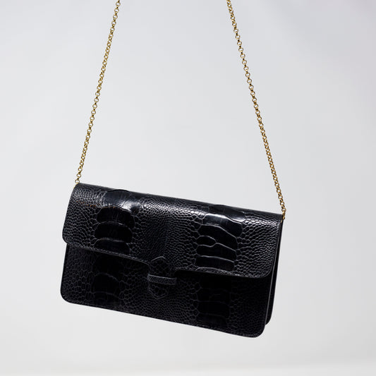 Ostrich Accordion Cross Body Clutch, Black
