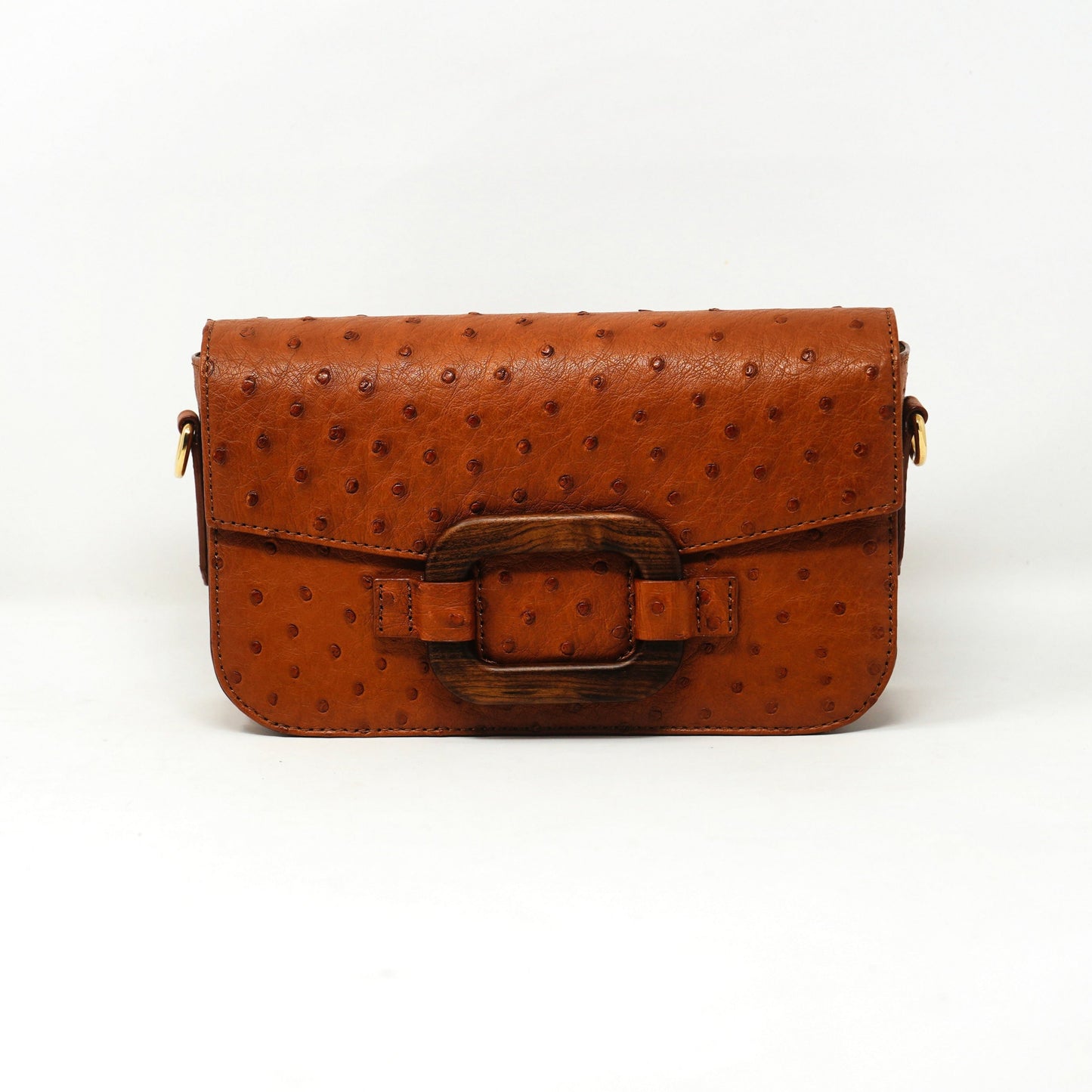 Deya Crossbody Dark Wood Ring, Ostrich Cognac