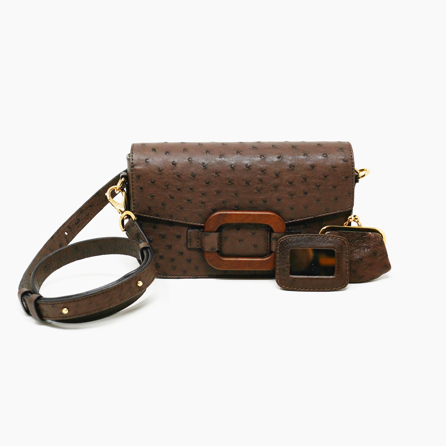 Deya Crossbody Dark Wood Ring, Ostrich Nicotine