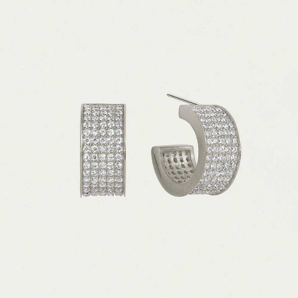 Petit Pave Thick Huggie Hoops, Silver and Cubic Zirconia
