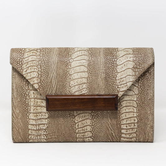 Harlow Clutch in Stone Ostrich with Wooden Tab