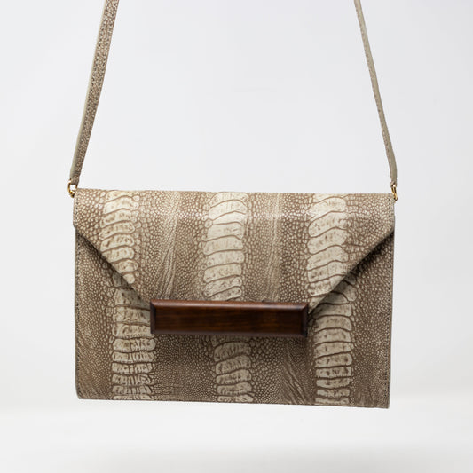 Harlow Clutch in Stone Ostrich with Wooden Tab