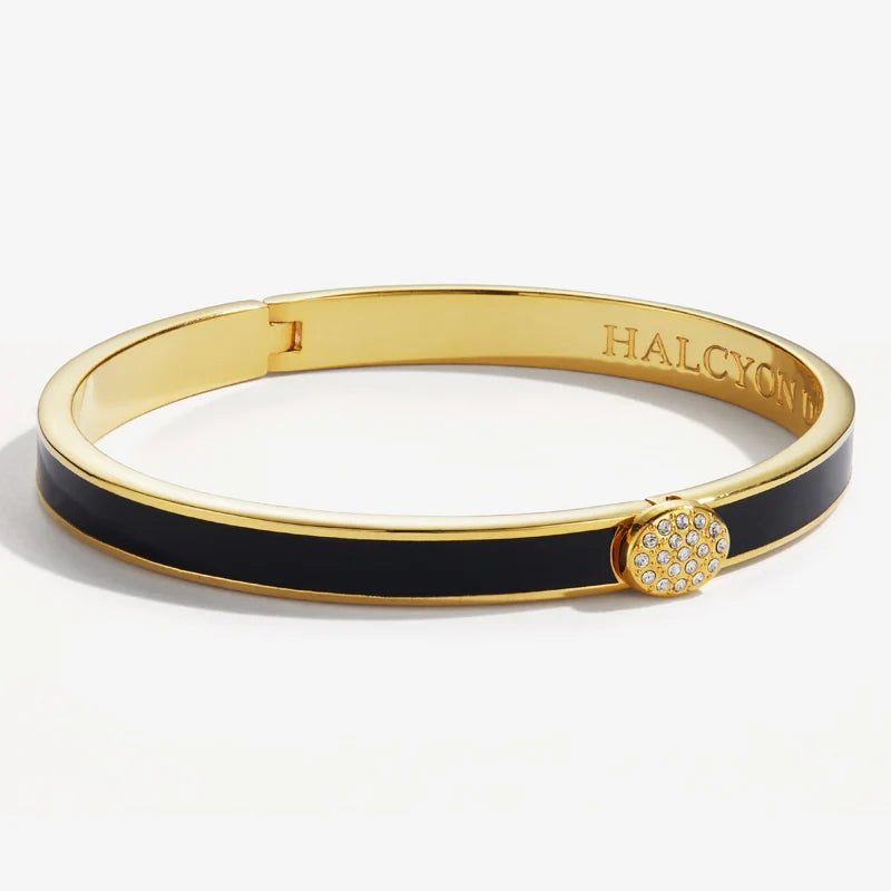 Halcyon Day 6mm Skinny Plain Pave Button Black Gold - Hinged Bangle