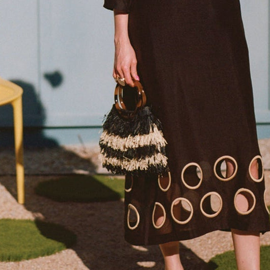 Shaggy Tote Raffia with Tortoise Handle Black/Natural