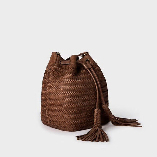 The Joss Woven Leather Bucket Bag in Chestnut