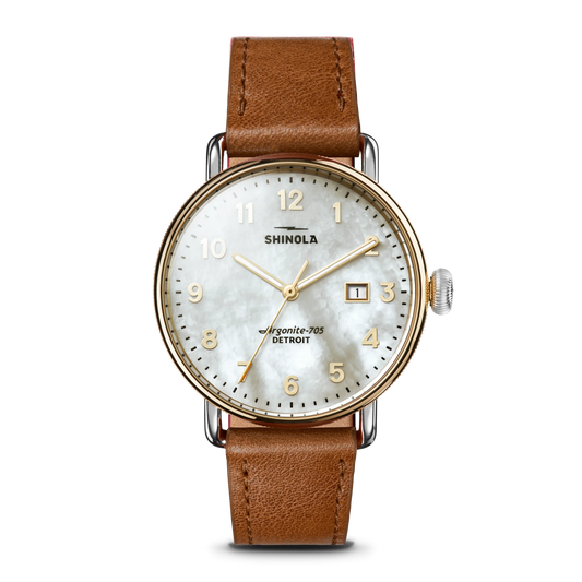 Shinola Canfield 38mm, White MOP, Tan Strap