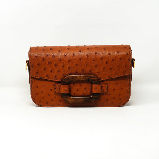 Deya Crossbody Dark Wood Ring, Ostrich Cognac