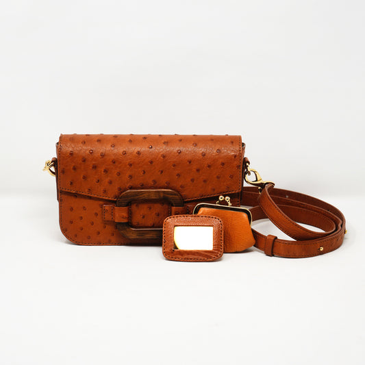 Deya Crossbody Dark Wood Ring, Ostrich Cognac