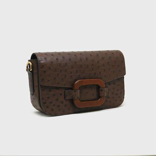 Deya Crossbody Dark Wood Ring, Ostrich Nicotine