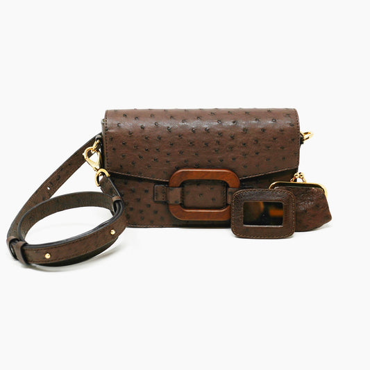 Deya Crossbody Dark Wood Ring, Ostrich Nicotine