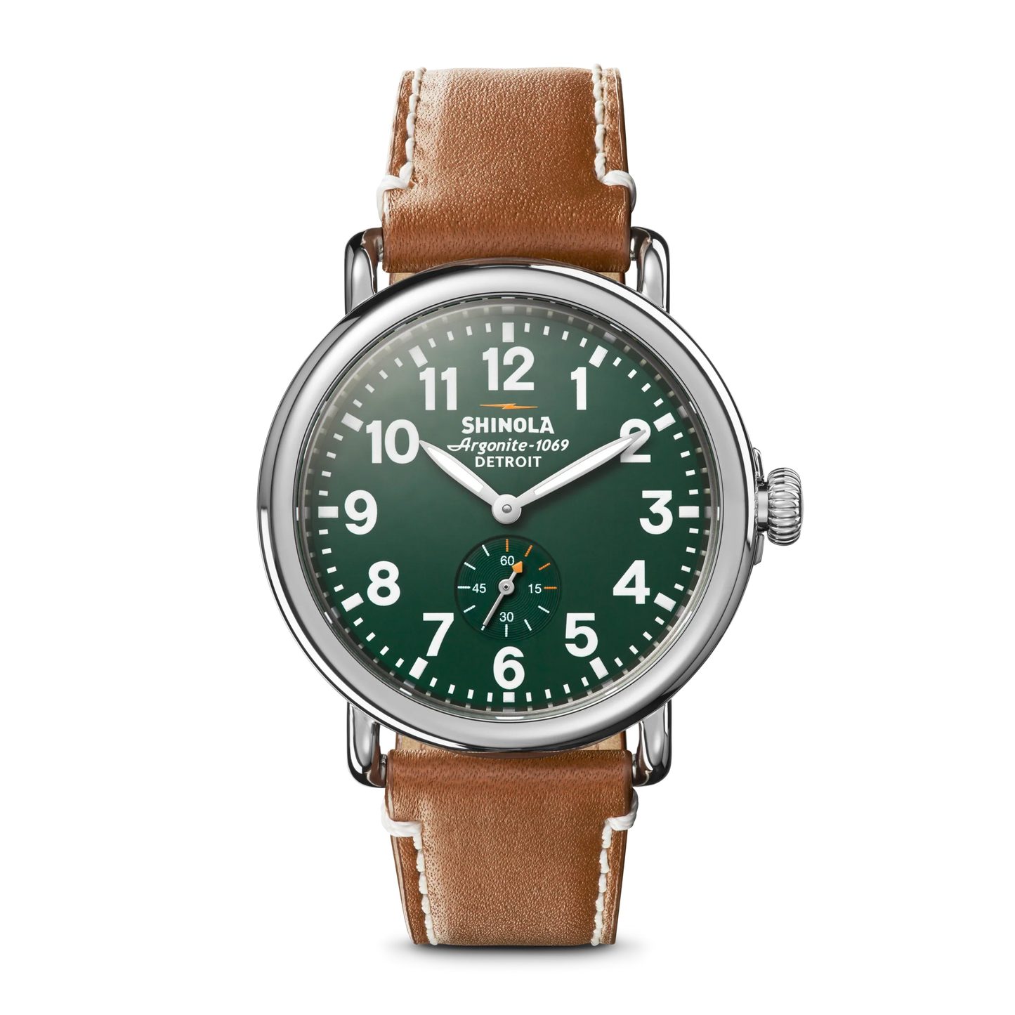 Runwell 41 mm watch, SS Polished Plating, Green with Tan Leather Strap