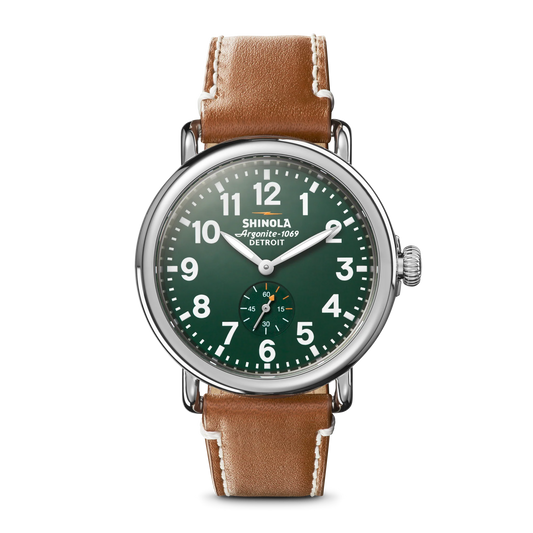 Runwell 41 mm watch, SS Polished Plating, Green with Tan Leather Strap