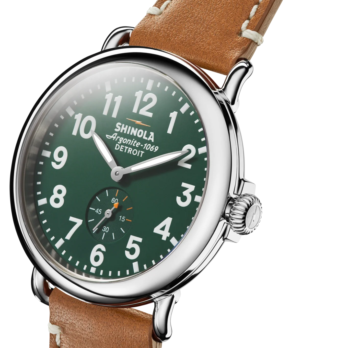 Runwell 41 mm watch, SS Polished Plating, Green with Tan Leather Strap