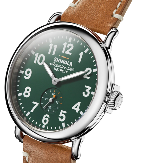 Runwell 41 mm watch, SS Polished Plating, Green with Tan Leather Strap