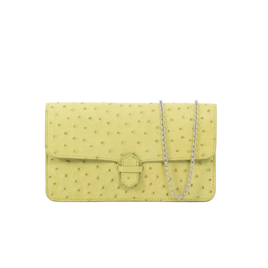 Ostrich Accordion Cross Body Clutch, Charteuse