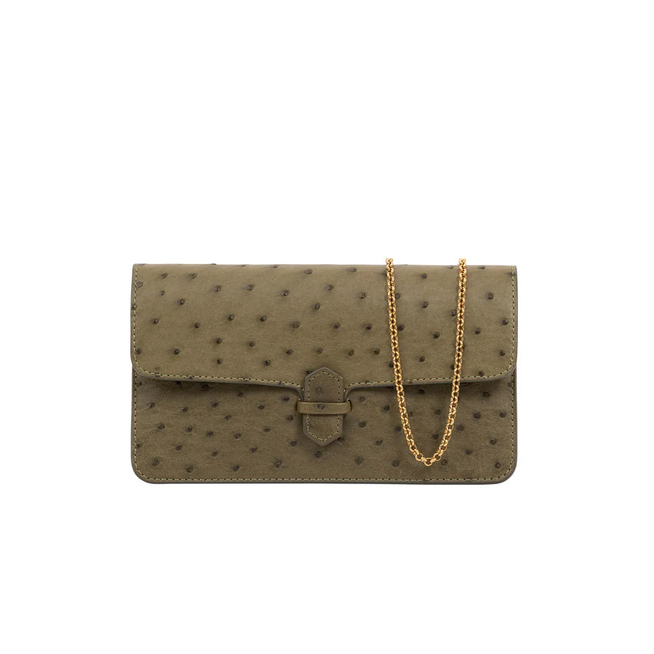 Accordion Clutch, Ostrich Leather in Jungle Green