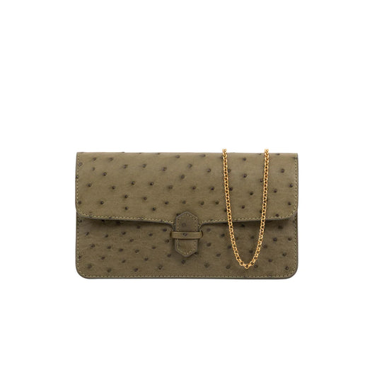 Accordion Clutch, Ostrich Leather in Jungle Green