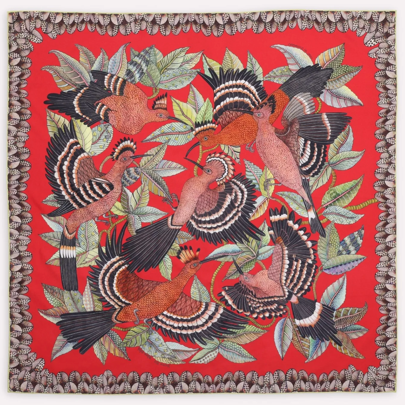 Hoopoe Hop Silk Scarf, Double Face Rust 90cm