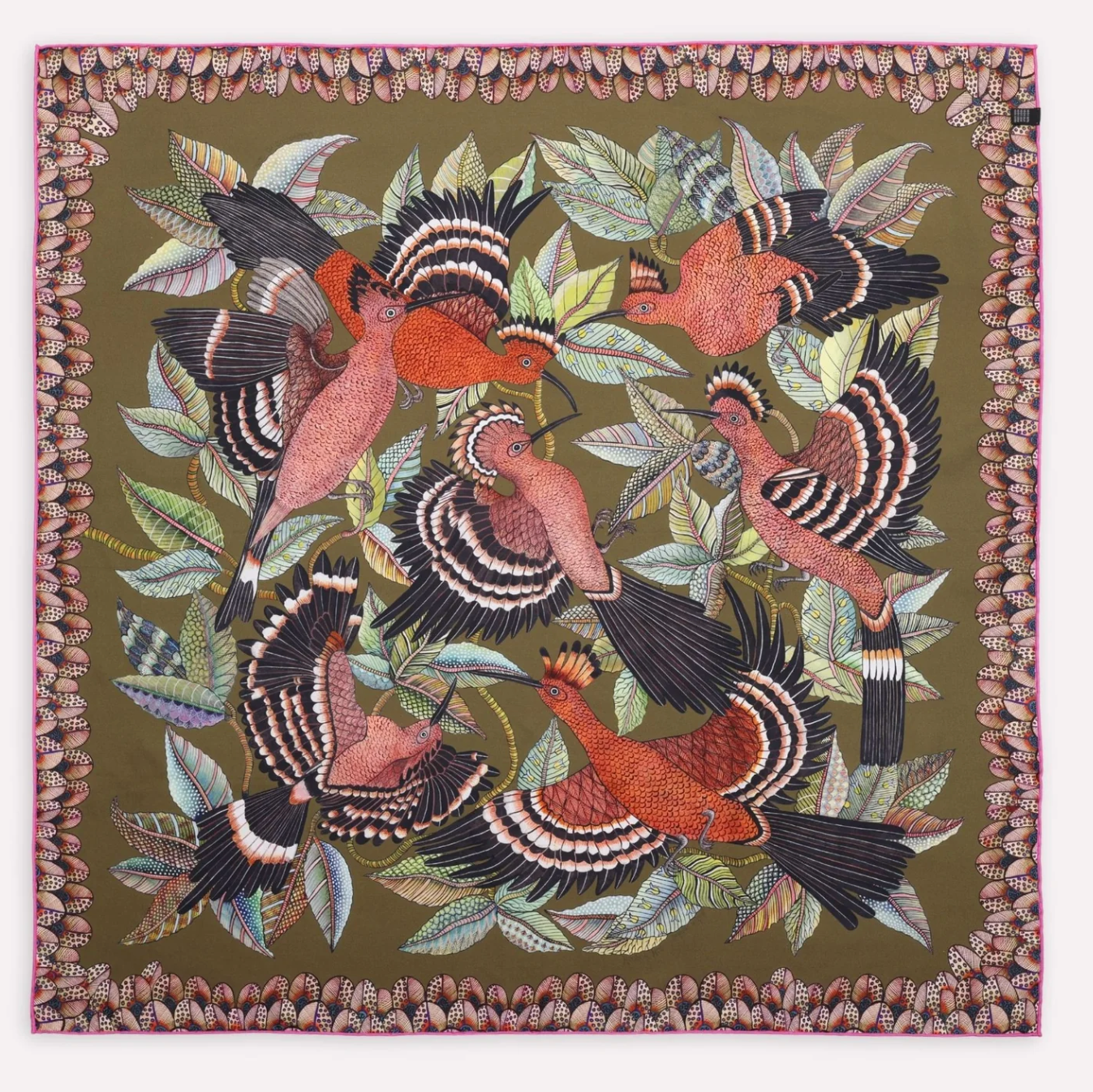 Hoopoe Hop Silk Scarf, Double Face Safari 90cm