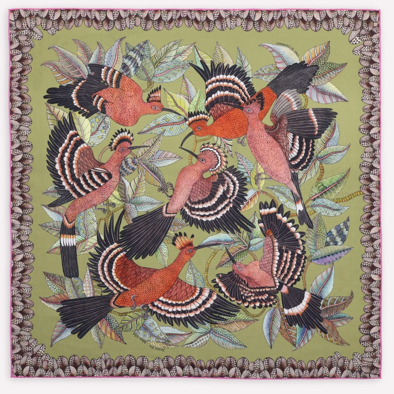 Hoopoe Hop Silk Scarf, Double Face Safari 90cm
