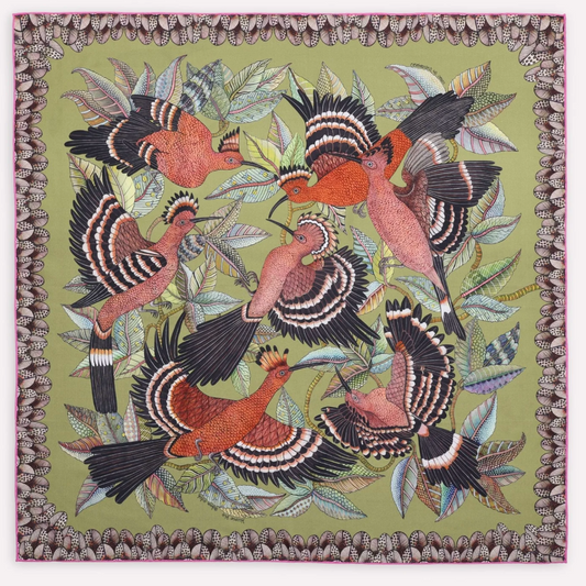 Hoopoe Hop Silk Scarf, Double Face Safari 90cm
