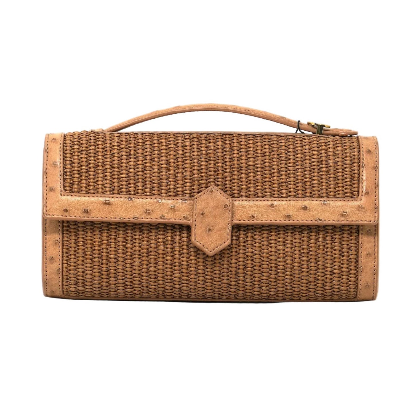 Freye Caramel Handbag in Textured Raffia with Ostrich Leather Trim