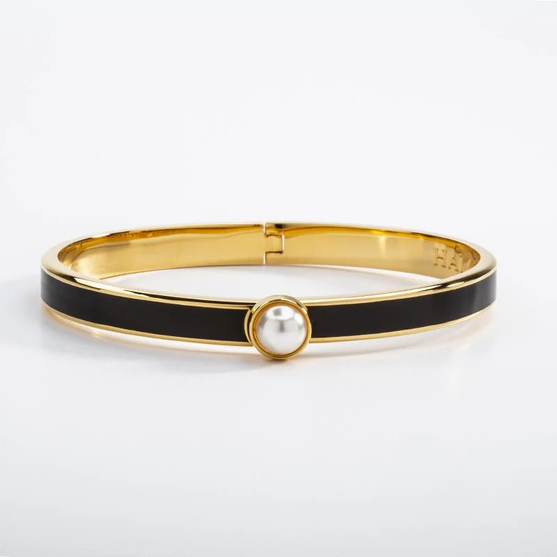 Halcyon Day Skinny Cabochon Pearl Bangle, Black/Gold, 6mm