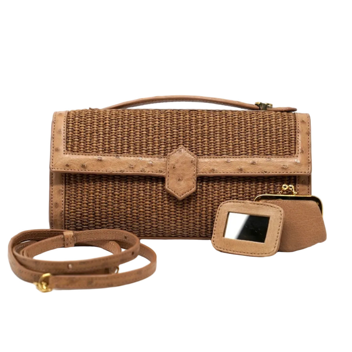 Freye Caramel Handbag in Textured Raffia with Ostrich Leather Trim