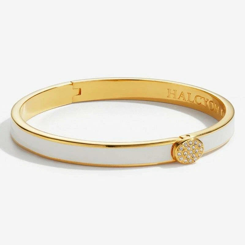 Halcyon Day 6mm Skinny Plain Pave Button Cream Gold - Hinged Bangle