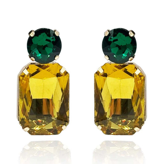 Topaz Crystal Ocatgon And Emerald Round Stone Drop Earrings
