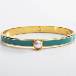 Halcyon Days Skinny Cabochon Pearl Bangle, Turquoise / Gold, 6mm